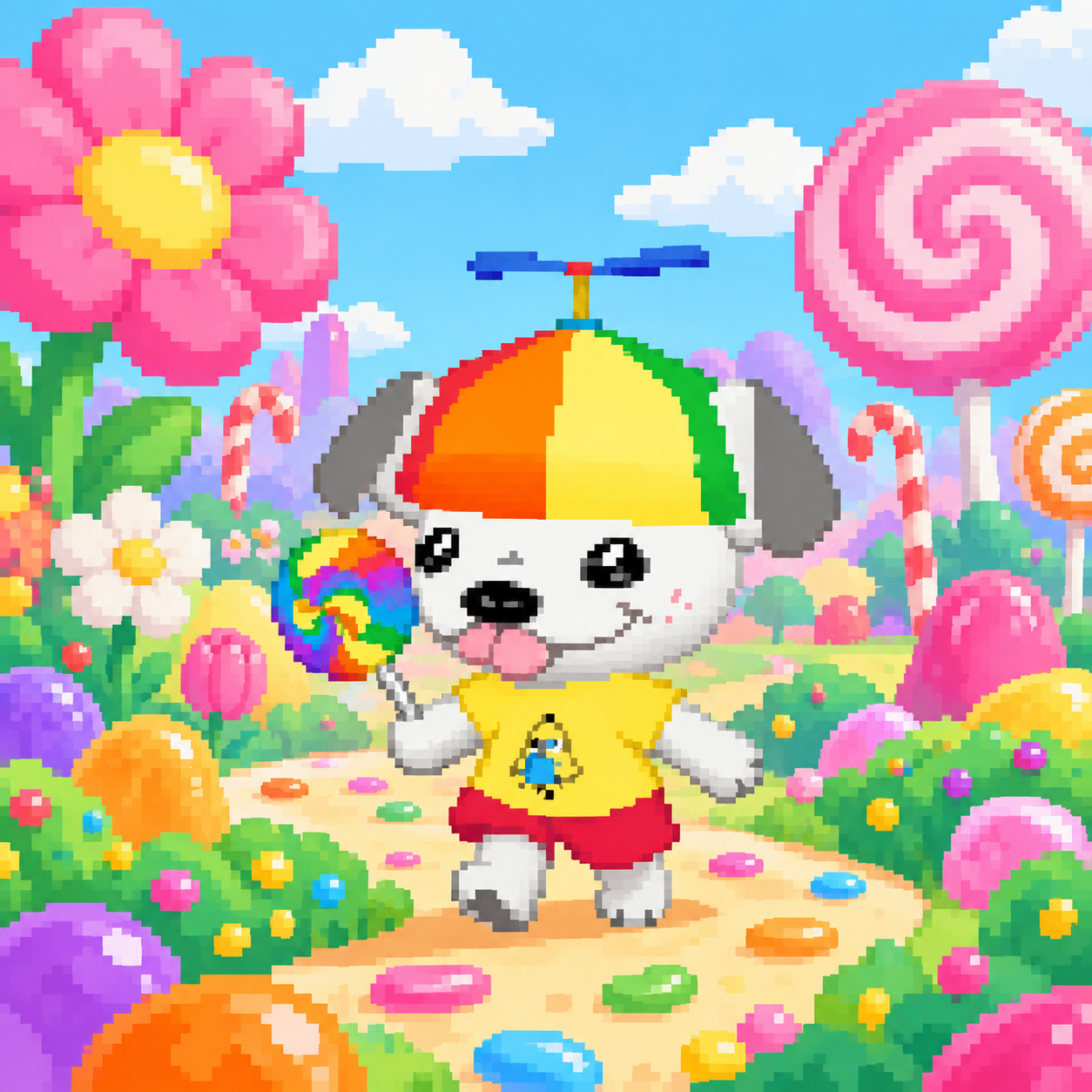 Lil Dogo in a candy garden