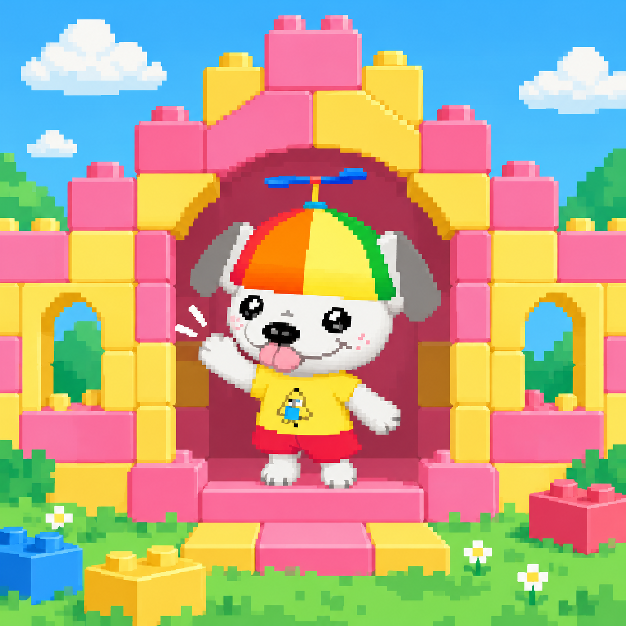 Lil Dogo waving from a toy-block clubhouse
