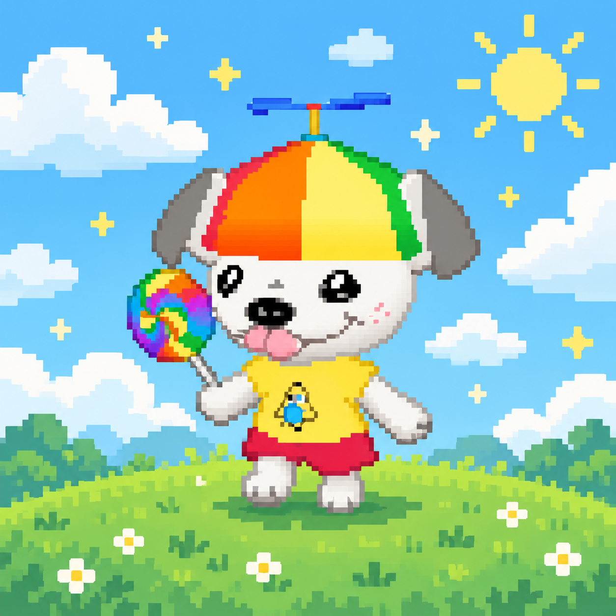 Lil Dogo adventuring under a pastel sky
