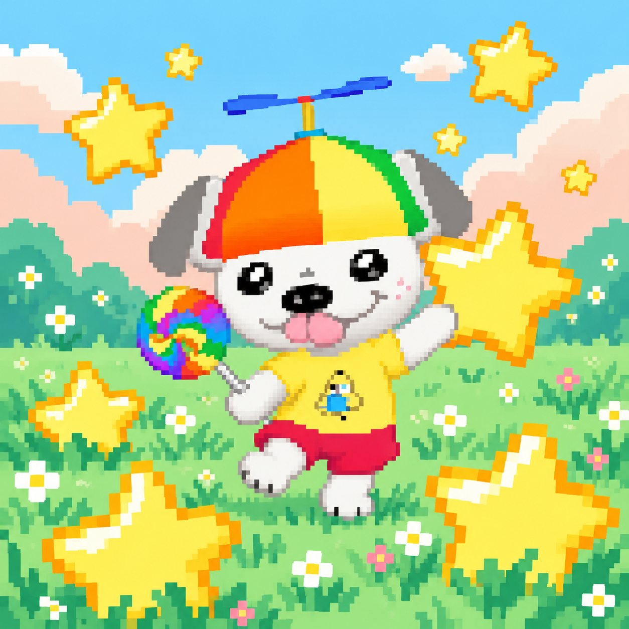 Lil Dogo collecting bright stars in a meadow