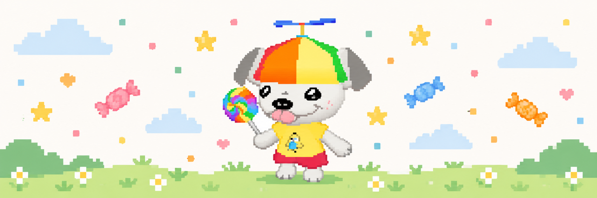 Lil Dogo in a bright pixel-art field of candy, stars, and clouds