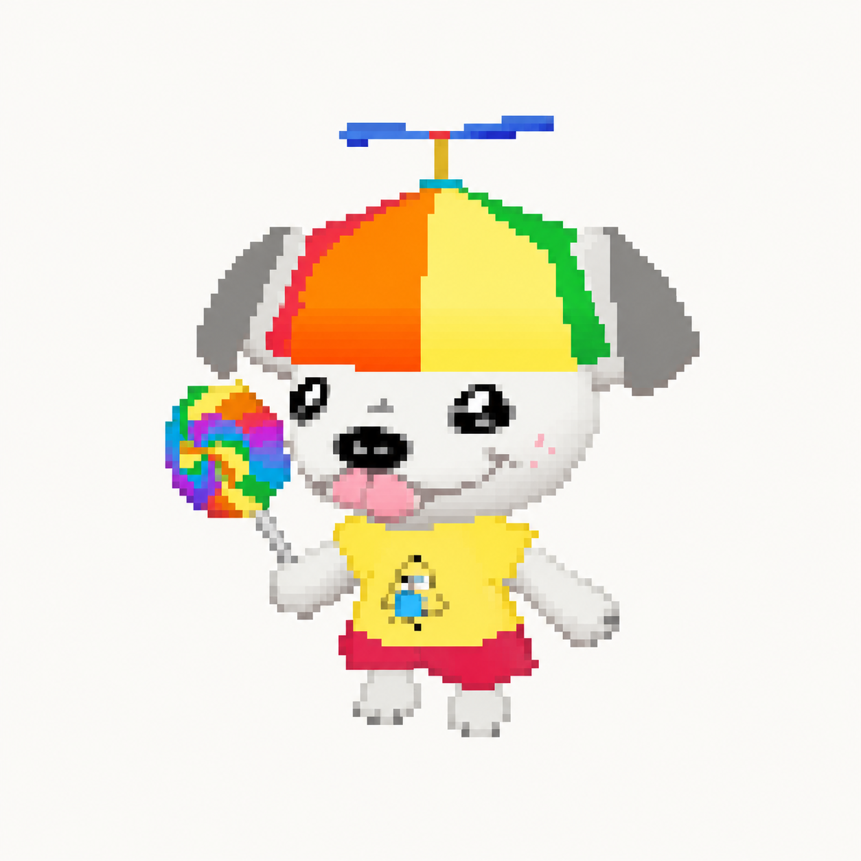 Lil Dogo, the white pixel pup with a rainbow propeller cap and lollipop